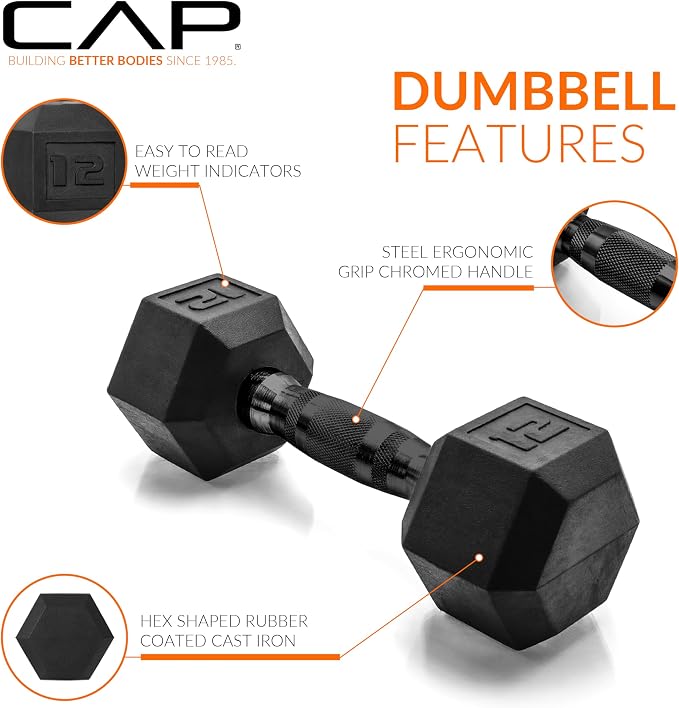 CAP Rubber Coated Dumbbell Weights, Free Weights for Home Gym Strength Training, Anti-Roll Hex Dumbbells with Black, Chrome & Comfort Grip Handles, Pairs & Sets