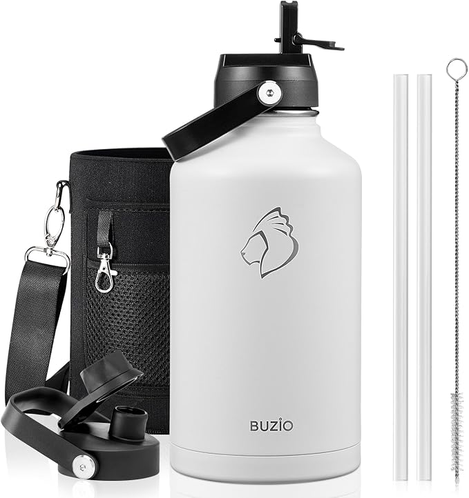 BUZIO 64 oz Insulated Stainless Steel Water Bottle with Dust-proof Lids | Half Gallon Water Jug (Dishwasher Safe), Cold for 48 Hrs, Triple Wall with Copper Plating, for Gym, Hiking, Camping, Black
