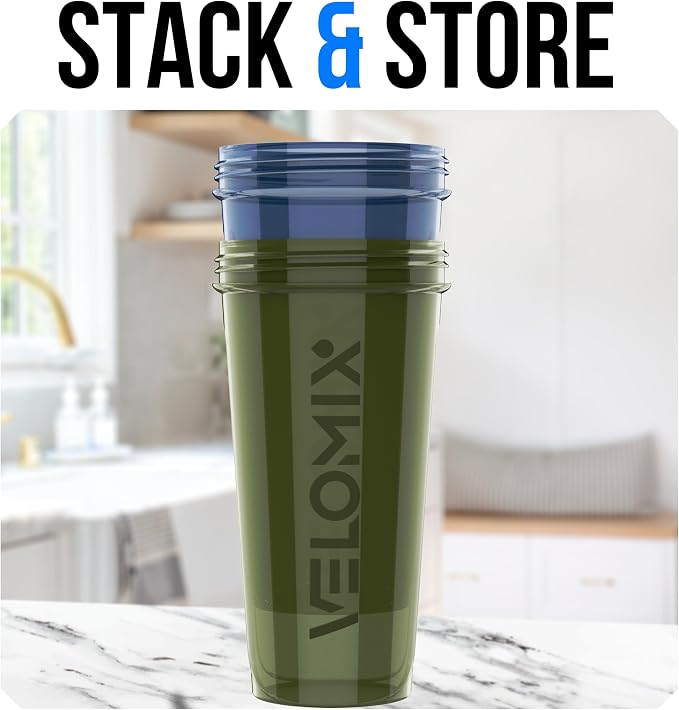 VELOMIX 2 Pack 28oz Protein Shaker Bottle for Protein Mixes, Blue/Green | 2x Wire Whisk, Leak Proof Shaker Cups for Protein Shakes, Stackable, Dishwasher safe, BPA free, Pre Workout and Gym ready