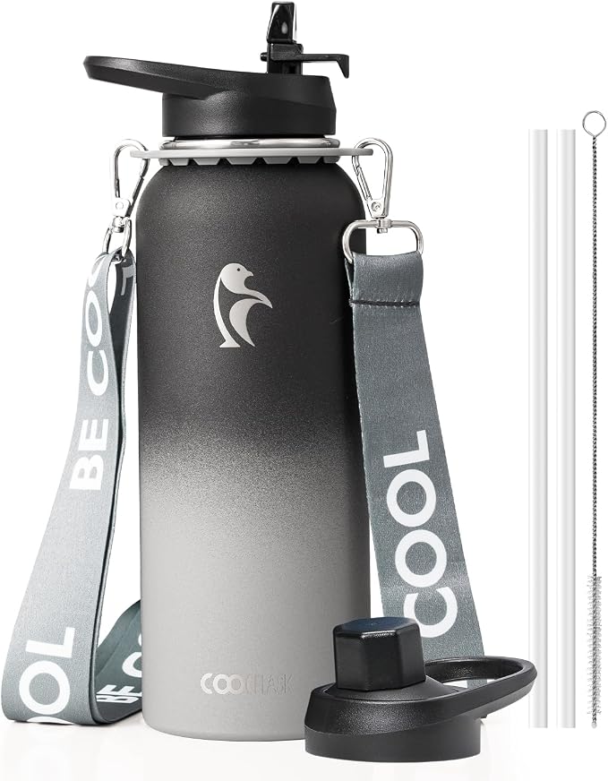 Coolflask 40 oz Water Bottle Insulated Stainless Steel with Strap | Metal Water Flask with Straw & Spout Lids, Triple-Wall, Cold 48+h, Dishwasher Safe, Leakproof, BPA-Free, for Gym & Hiking