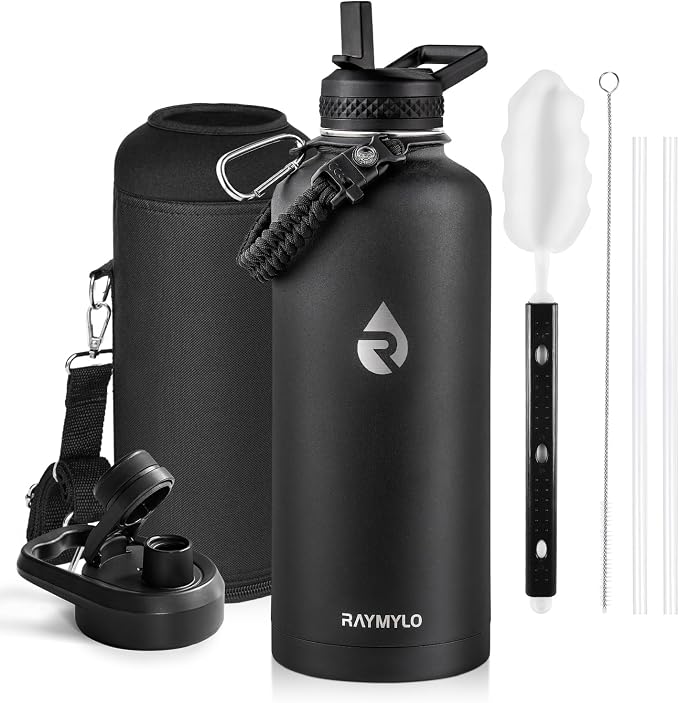 RAYMYLO Insulated Water Bottle 87 oz, Triple Wall Vacuum Stainless Steel (Cold for 48 Hrs), Leak Proof & Non-BPA, Modern Water Flask Jug with Paracord Handle & Straw Spout Lids, Magic Black | Cold for 48 Hrs), Leak Proof & Non-BPA, Modern Water Flask J...