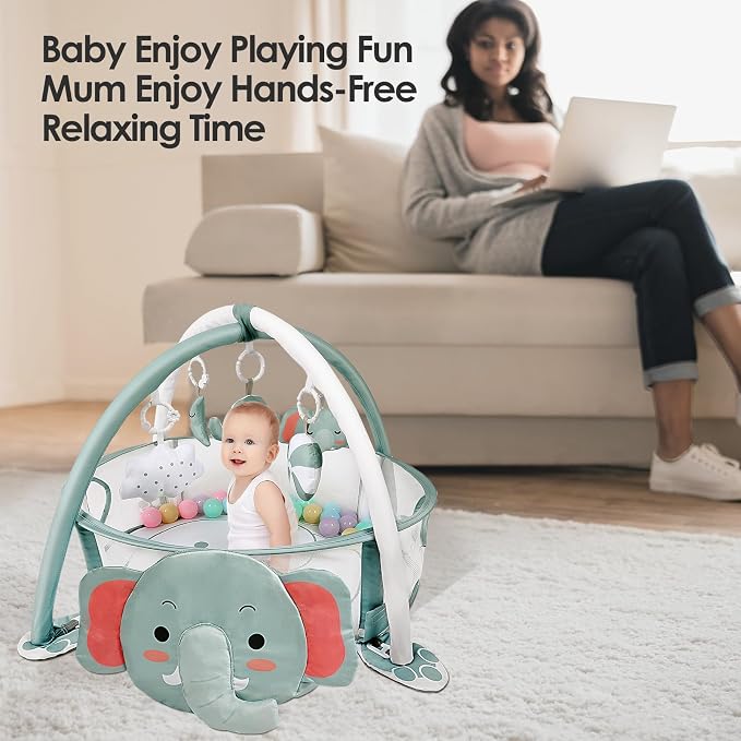 dearlomum Elephant 4-in-1 Baby Play Mat Gym, with Ball Pit | Includes 30 Balls & 5 Learning Sensory Toys, Floor Gym Playmat for Newborn Infant Tummy Time, Ball Pit, Boy & Girl Gift