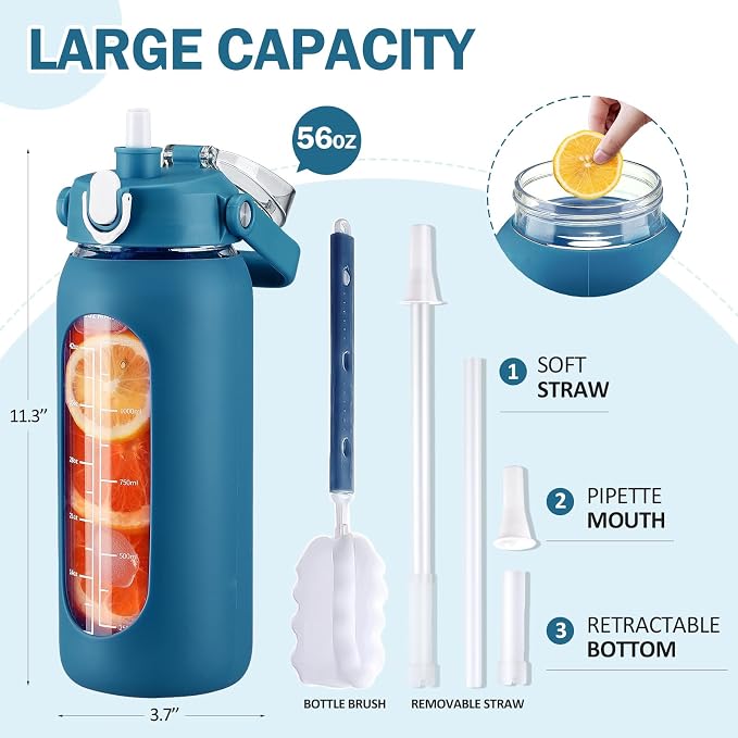56oz Glass Water Bottles with Straw, Motivational Glass Bottle with Silicone Sleeve and Time Marker, Leakproof Large Glass Water Jug for Gym Home Office,Iron Blue