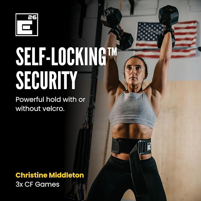Element 26 Self-Locking Weight Lifting Belt | 4” Back Support for Gym, Powerlifting, Body Building, Cross Training, Men, Women, Deadlift, Squat, Quick Locking, Competition