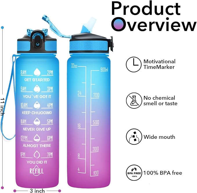 Hyeta Water Bottle with Straw & Time Marker, Plastic 32oz Leakproof | Motivational Tritan BPA Free Gym Office Outdoor Intake Tracker Hourly Reminder Straw Lid Carry Strap