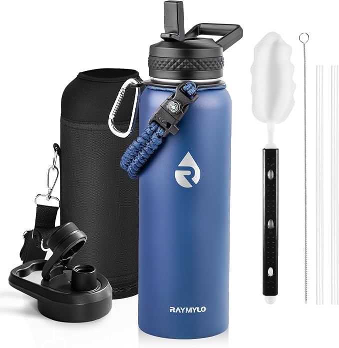 RAYMYLO Insulated Water Bottle 40 oz, Triple Wall Vacuum Stainless Steel | (Cold for 36Hrs, Hot for 18Hrs), Leak Proof & Non-BPA, Modern Water Flask Jug with Paracord Handle & Straw Spout Lids