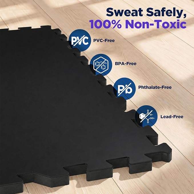 24 Sq Ft Rubber Top Gym Flooring for Home Gym, Black | 6 Tiles, High Density EVA Foam, Waterproof & Non-Slip Rubber, 0.4" Interlocking Puzzle Mats, Floor Protection, 24"x24"