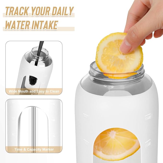 FULBEVY Glass Water Bottles 64 oz - Half Gallon Large Motivational Daily Water Intake Bottle Time Marker - Glass Water Bottle With Straw, Silicone Sleeve 2 Lids, Handle Spout & Bamboo Lid(White)