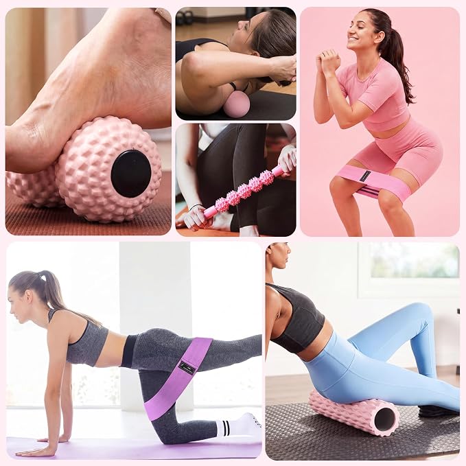 Foilswirl 12 Pcs Home Pilates Kit Pink Pilates Equipment Set for Women with Resistance Bands, Massage Balls, Stretch Strap, Peanut Ball, Foam Roller, Yoga Socks and Backpack for Home Workout Exercise