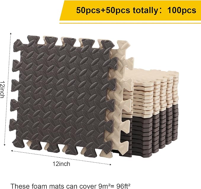Ecally 100 Pcs 12 x 12 Gym Mat Foam Floor Mats for Home Gym Covers 96 Sq Ft Puzzle Exercise Square Interlocking Carpet Tiles with Border for Workouts Equipment Yoga Pilates (Beige,Brown)