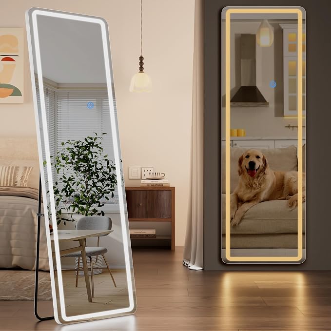Koonmi LED Full Length Mirror, 56"x20" Full Length Mirror with Lights, Lighted Floor Mirrors with Stand, Full Body Mirrors with Dimming & 3 Color Lightingfor Living Room Cloakroom, White