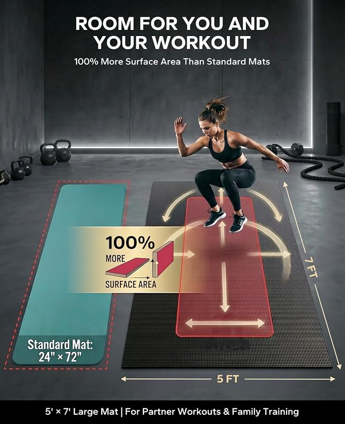 HAPBEAR Large Exercise Mat-6'x4'/7'x5'/6'x8'/6'x9'/6'x10'/6'x12'x 1/3"(8mm) | Non-Slip, Ultra Durable, Thick Workout Mat for Home Gym Flooring, Cardio, Yoga & Fitness; High-Density, Shoes-Friendly