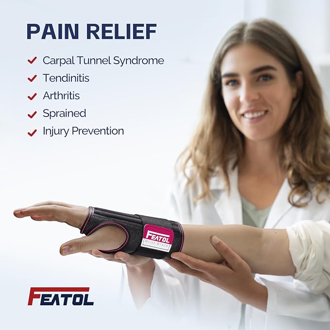 FEATOL 2 Pack Carpal Tunnel Wrist Brace For Work With Wrist Splint, 6.5'' Wrist Brace Night Support For Women Men, Pain Relief For Tendonitis, Arthritis, Pregnancy, Typing, Right and Left Hand, Small