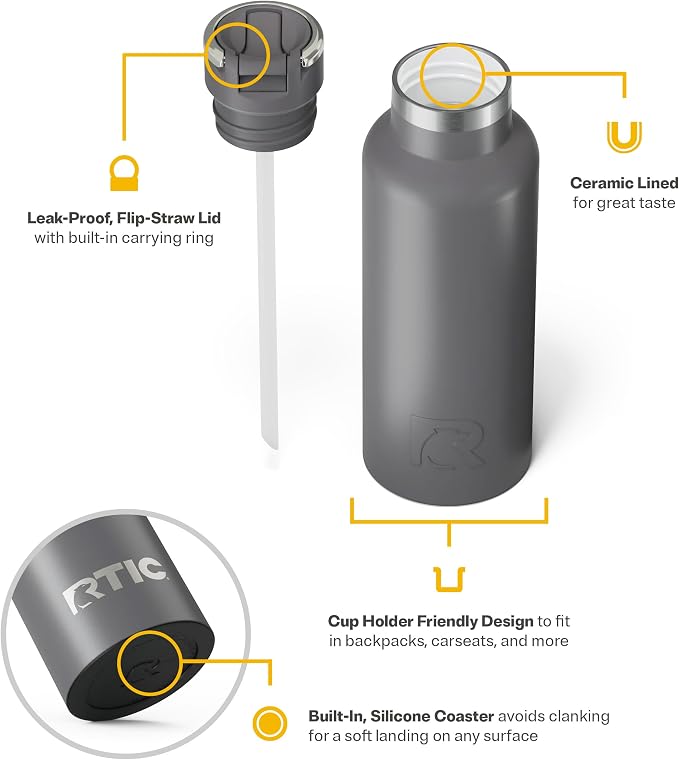 RTIC 16oz Journey Water Bottle, Ceramic Lined, Graphite | Stainless Steel Metal, Insulated for Hot and Cold Drinks, Sports, Travel and Camping