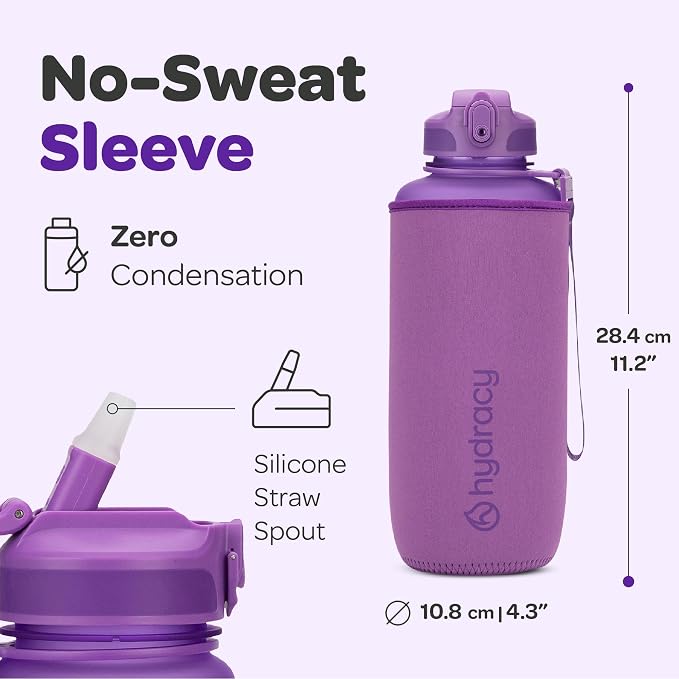 Hydracy 2L Large Water Bottle, Shatterproof, BPA Free Tritan Plastic, Leakproof, Zero Condensation, With Detachable Carry Strap, Spillproof Lid, Convenient Silicon Spout, Recommended for Gym, Yoga | Leakproof,BPA Free,No Sweat Neoprene Sleeve,Carry Str...