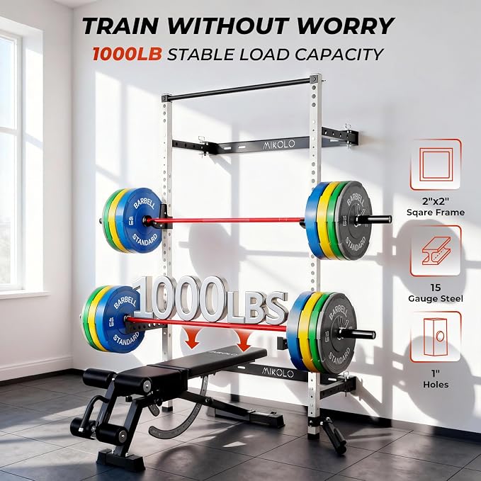 Mikolo 2" x 2" Folding Wall Mounted Squat Rack, 1000 Pounds Capacity Power Rack with Pull Up Bar, J Hooks and Other Attachments, Space-Saving Home Gym
