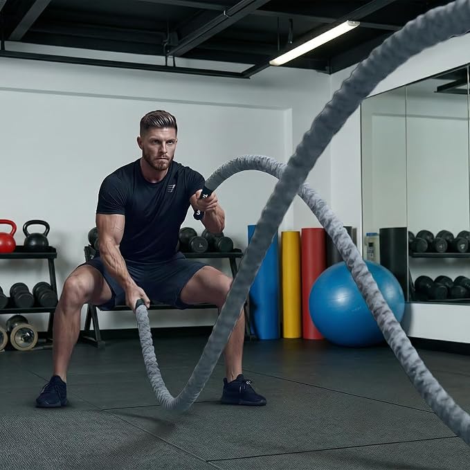Battle Rope for Home Gym Workout - 1.5 Inch 30ft Heavy Weighted Training Exercise Ropes Fitness Equipment with Sleeve and Anchor Strap Kit for Outdoor Working Out - Gray