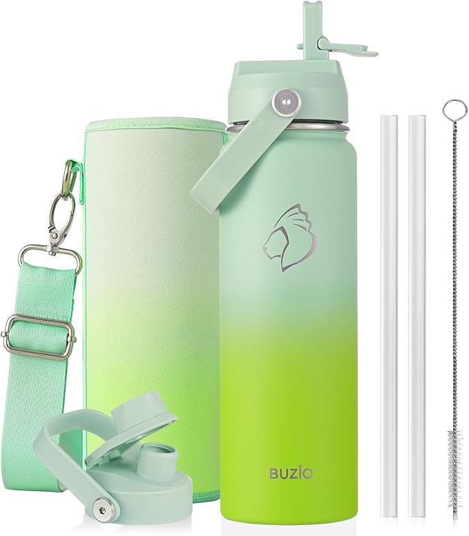BUZIO 24 oz Insulated Water Bottle, Stainless Steel Wide Mouth Water Flask with Straw Lid, Cold for 48 Hrs Leak Proof Metal Hydro Thermo Canteen Mug, Gradient Green