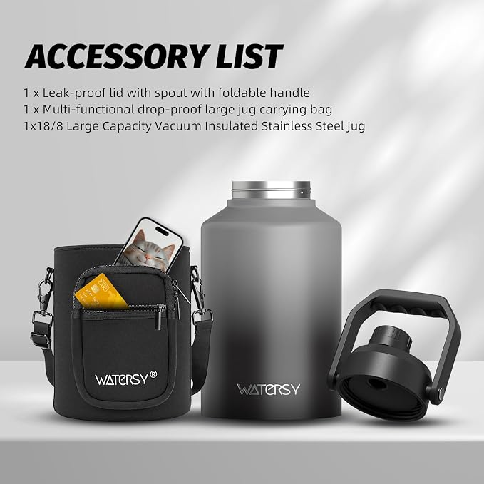 WATERSY 1 Gallon Water Bottle Insulated(Cold for 48 Hrs),BPA Free&Leak Proof,128oz Stainless Steel Water Jug,Big thermo,Large Water Bottle with Handle for Gym,Hiking,Camping&Travel,Gray