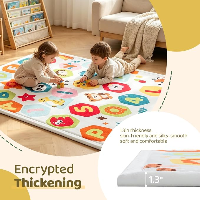 Baby Play Mat for Floor, 74'' x 50'' Thicken Foam Soft Padded Playmat for Tummy Time, Playpen Mat for Toddlers Infant Kids, Water-Repellent Coral Velvet, Non-Slip Bottom Safe for Crawling (Animal)