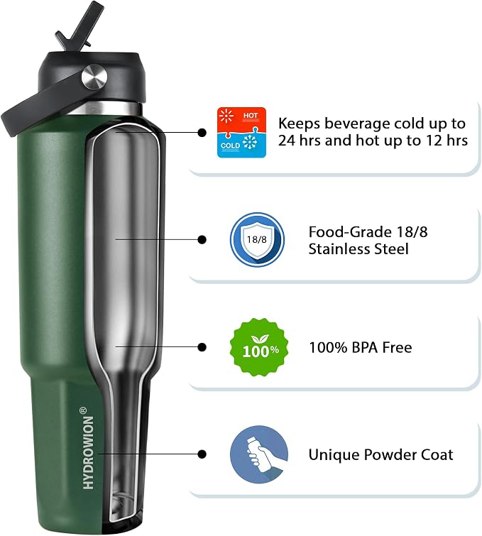 HYDROWION 40 oz Insulated Water Bottle, Car Water Bottle Holder - Double Wall Vacuum Insulated Travel Bottle with Straw Lid, Spout Lid and Flex Cap - Cold for 24H, Hot for 12H, Olive