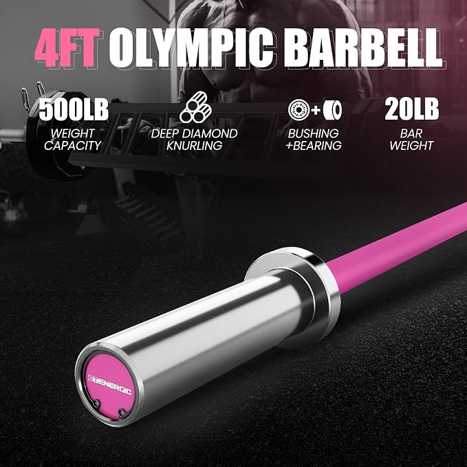 4FT Chrome Steel Olympic Barbell, 500LB | 20LB compact bar with 28mm knurled grip, bearing sleeves, 7.6-inch loadable length, and 2-inch plate fit