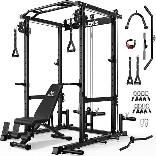 JELENS C12 Power Rack, 2000LBS Squat Rack with Cable Crossover System, Workout Cage with More Training Attachments for Home Gym