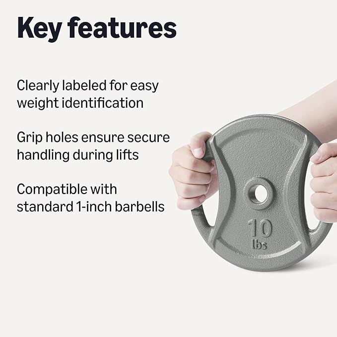 Amazon Basics 1-Inch Grip Weight Plates, Cast Iron, Strength Training, Home Gym