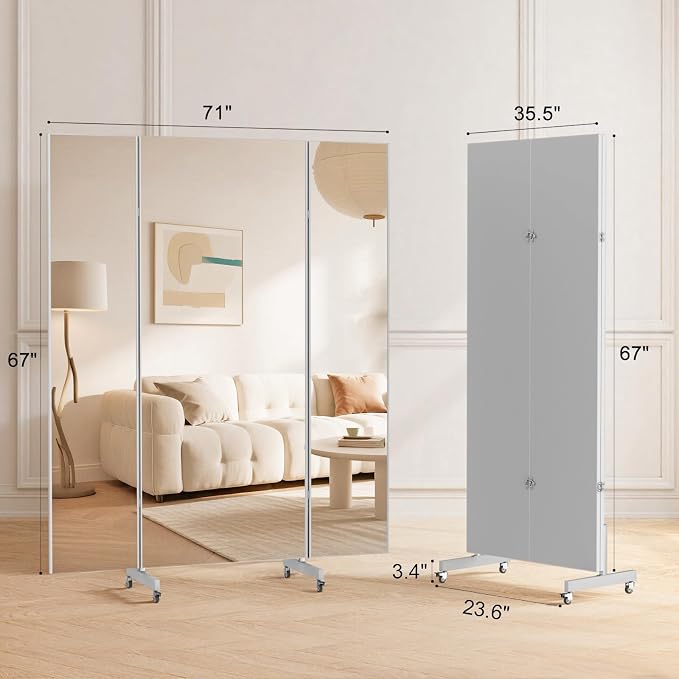 brisafe 71"x67" Folding Mirror with Wheels, 3-Panel Full Length Standing Mirror, Space-Saving, Shatterproof Nano Material, Portable Floor Mirror for Gym, Dance Studio, Home, Commercial Use, Silver