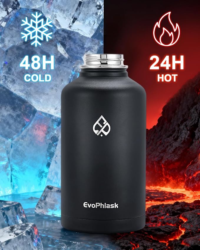 64 oz Insulated Water Bottle(Cold for 48Hrs), Matte Black | Stainless Steel, BPA Free, Leak Proof, Half Gallon Large Metal Water Jug, For Gym, Hiking, Camping, Travel