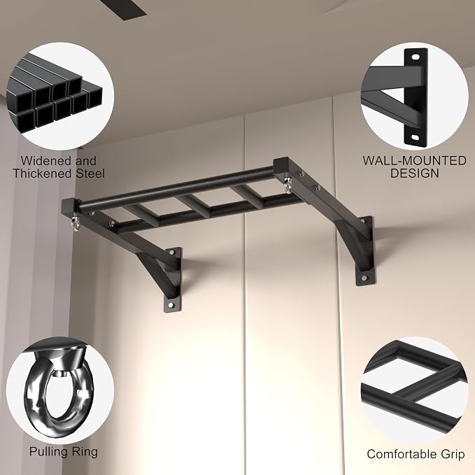HOOUSA Wall-Mounted Pull-Up Bar, 600lb Load Capacity,Fit 24" wall Spacing | Multi Grip Design, 2 Suspension Ring, Suitable for Concrete and Wood Mounting, For Garage Indoor Basement Strength Training