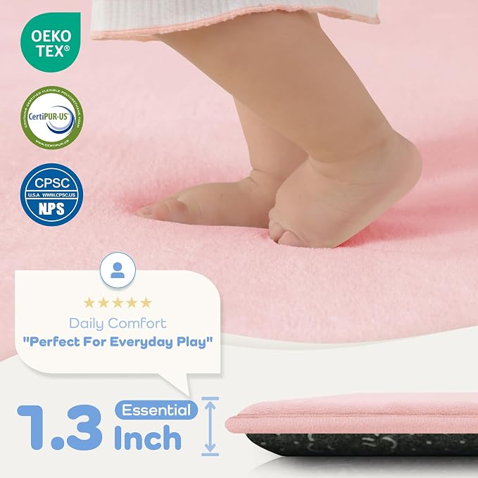 1.3" Thick Baby Floor Play Mat 59x71, Basic Padded Foam Mat for Tummy Time Crawling, Non Slip Cushioned for Babies Toddlers Infants Kids (Pink)