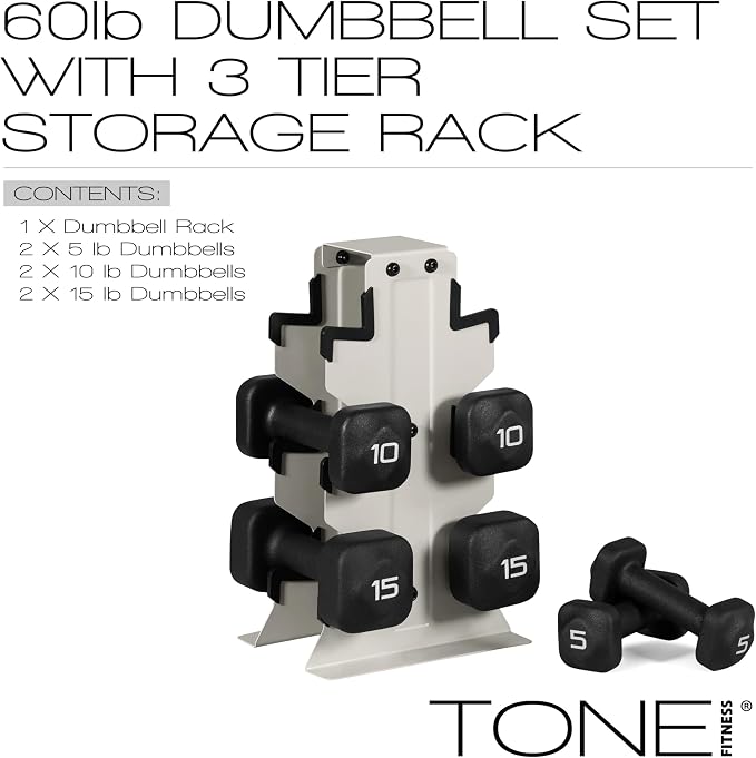 Tone Fitness Neoprene Dumbbell Set with Storage Rack – Non-Slip, Anti-Roll Hand Weights for Home Gym Workouts | 20 lb, 32 lb, 50 lb, 60 lb & 100 lb Options