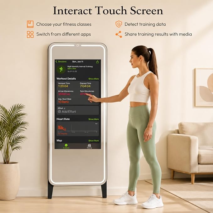 Smart Gym Mirror with 32 Inch FHD Touchscreen, Full-Length Fitness Mirror | 63" Smart Fitness Mirror with Android OS, Voice Control, Ideal for Home Gym, Yoga, Dance and Full-body Workouts