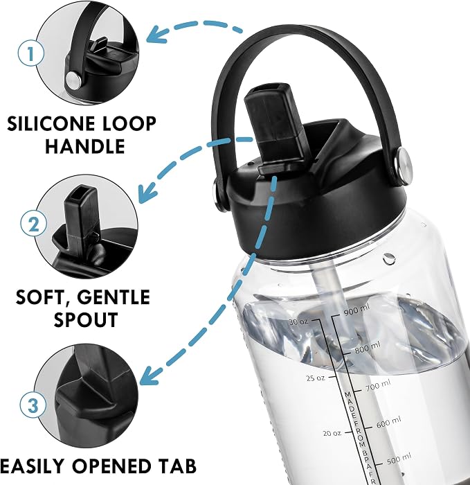 OLDLEY 32oz Water Bottle with Straw,Leakproof Tritan Clear Bottle with Marked Bottle and Carry Handle, BPA-Free Wide Mouth Reusable Sports Water Bottle for Gym,Hiking, Camping, Travel, Workout,Clear