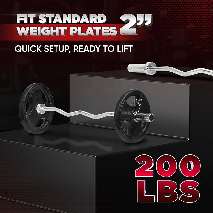 Yes4All Standard Straight Barbell 60" & EZ Curl Bar 47", Capacity 200 to 480 LB, Weight Bar 1" to 2" Diameter - Star Lock Collars, Rubber Ring, Barbell Spins Included for Deadlifts & Squats