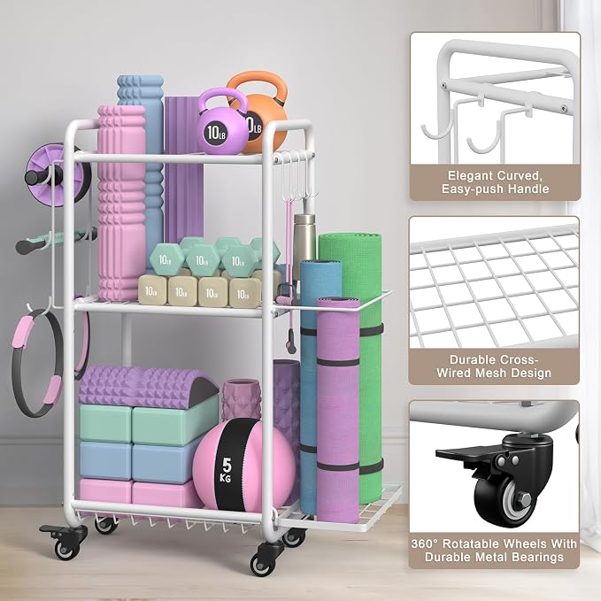 Multi-Functional Home Gym Storage Rack with Wheels and Hooks | Gym Equipment Storage for Dumbbells Kettlebells Yoga Mat, All-in-One, Space Saving, Easy to Assemble