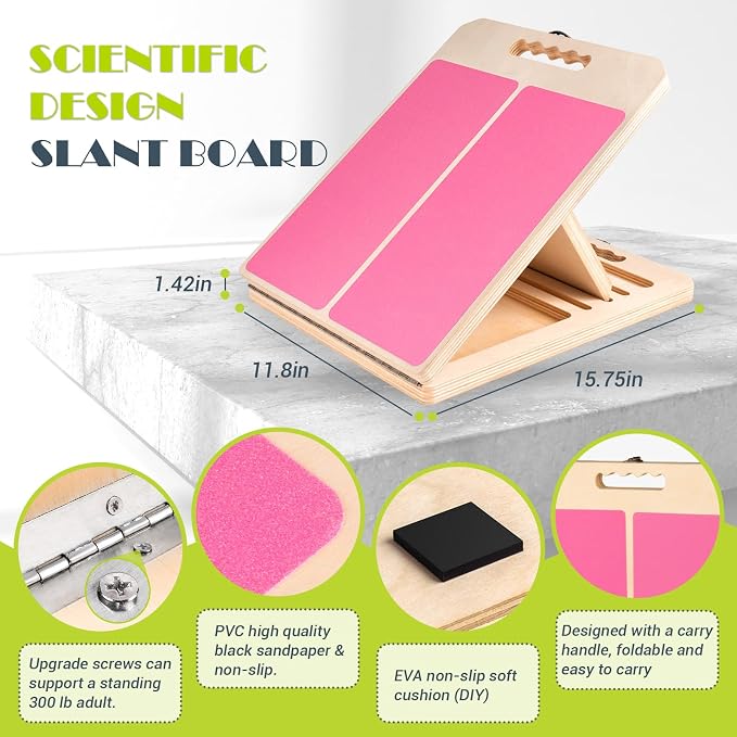 Slant Board Calf Stretching, 300 LBS Capacity Portable Wooden Incline Board | Training Poster, 5 Adjustable Angles, Non-Slip Calf Mobility Board for Legs, Ankles, Knees, Heels, Physical Therapy & Squats