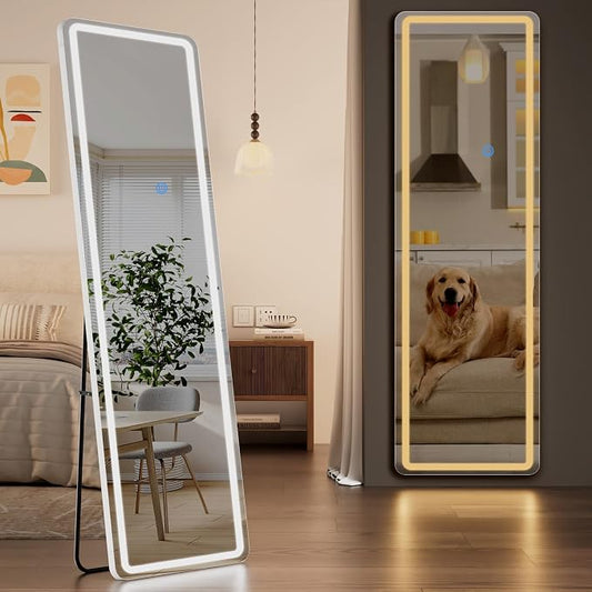Koonmi LED Full Length Mirror, 63"x20" Full Length Mirror with Lights, Lighted Floor Mirrors with Stand, Full Body Mirrors with Dimming & 3 Color Lightingfor Living Room Cloakroom, White