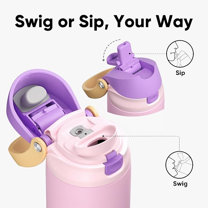 ENCOOL Leakproof Insulated Water Bottle with Straw Dual-Sip Water Bottle Bag-Safe Design for Work, Commute & Gym – Keeps Drinks Cold All Day, 18 oz, Peach Purple