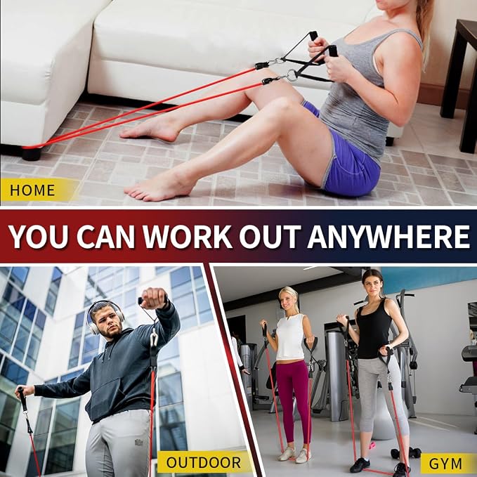 WHATAFIT Resistance Bands with Handles, 5-Level Exercise Bands for Workout | Natural latex,10-50 lbs, stackable to 150,Ankle Straps, Door Anchor,Guide. For Strength, Yoga,Home Gym,Travel & Workout.