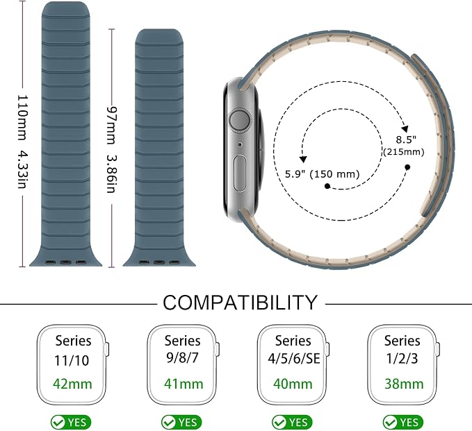 Tasikar Magnetic Bands Compatible with Apple Watch 42mm(Series 11/Series 10) 41mm 40mm 38mm Soft Silicone Replacement Loop Wristband for iWatch SE Series 11 10 9 8 7 6 5 4 3, Dune-Cloud Blue