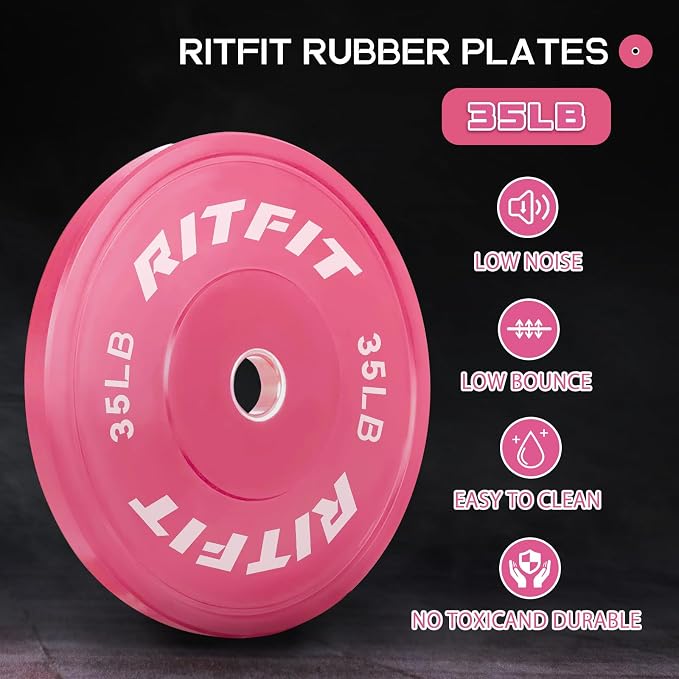 RITFIT Pink Olympic Bumper Plates with Steel Insert for Home Gym | High-Density Rubber with Low Bounce, 2-Inch Olympic Bore with Steel Insert, Pink Color for Strength Training