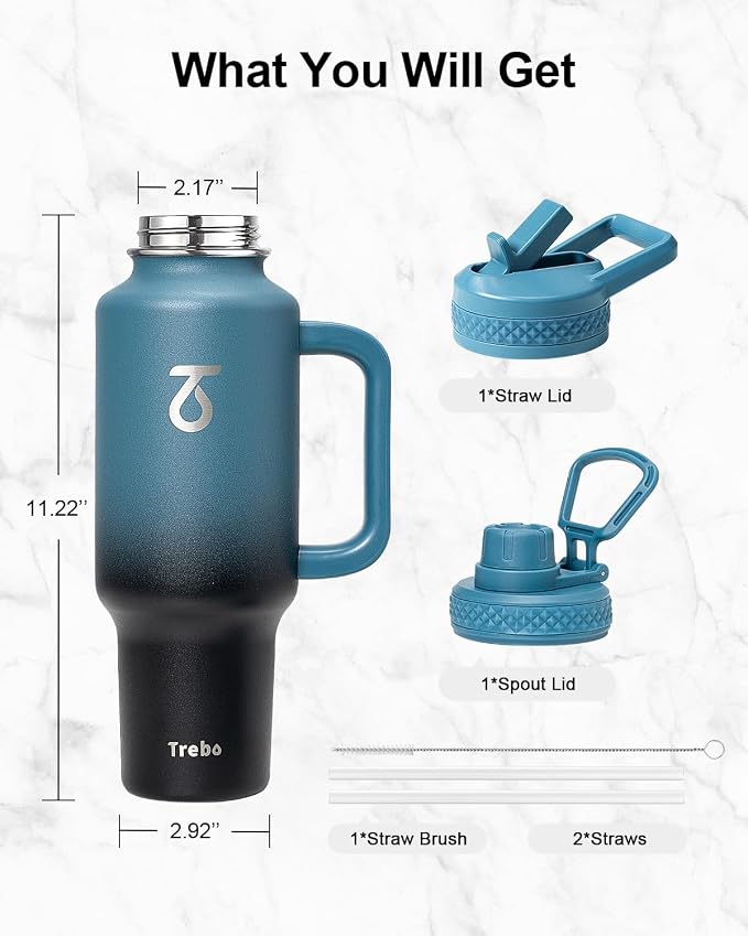 Trebo Insulated Water Bottle 40 oz Fits in Car Cup Holder with Side Handle | Stainless Steel Metal Tumbler with Straw Spout Lids, Triple-Wall Vacuum Copper Plated, Cold 48 Hrs Hot 24 Hrs for Travel, Gym
