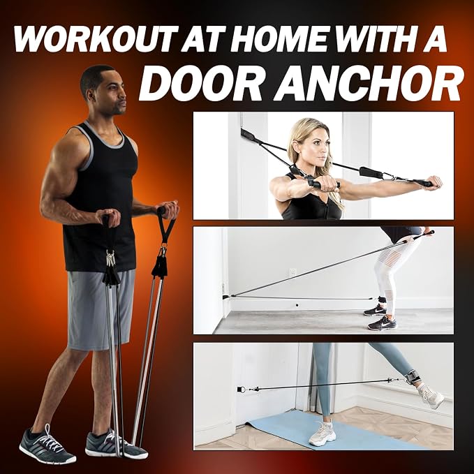 WHATAFIT Resistance Bands with Handles, 5-Level Exercise Bands for Workout | Natural latex,10-50 lbs, stackable to 150,Ankle Straps, Door Anchor,Guide. For Strength, Yoga,Home Gym,Travel & Workout.