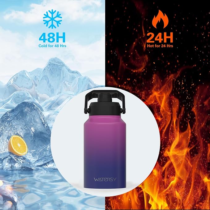 WATERSY 2/3 Gallon Water Bottle Insulated(Cold for 48 Hrs),BPA Free&Leak Proof,87oz Stainless Steel Water Jug/Flask,Big thermo,Large Water Bottle with Handle for Gym,Hiking,Camping,Gradient Purple
