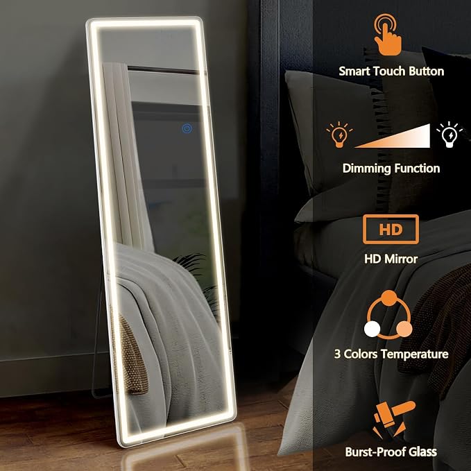 NEWBULIG 64"x21" LED Full Length Mirror, Full Body Standing Mirror, White | Leaning or Standing, Tempered Glass, Aluminum Alloy Thin Frame Floor Stand for Bedroom, Cloakroom