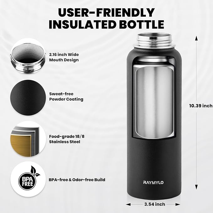 RAYMYLO Insulated Water Bottle 40 oz, Triple Wall Vacuum Stainless Steel | (Cold for 36Hrs, Hot for 18Hrs), Leak Proof & Non-BPA, Modern Water Flask Jug with Paracord Handle & Straw Spout Lids
