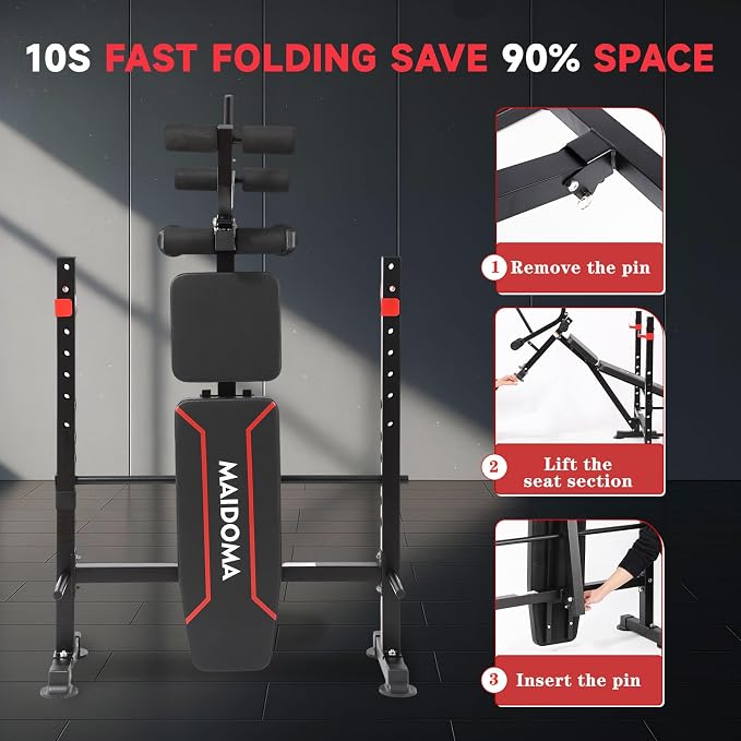 MAIDOMA 1500LBS Foldable 8 IN 1 Weight Bench with Upgraded Leg Extension | Adjustable Flat Incline Decline Bench Press Set with Wide Squat Rack for Full Body Home Gym Workout (US Stock)