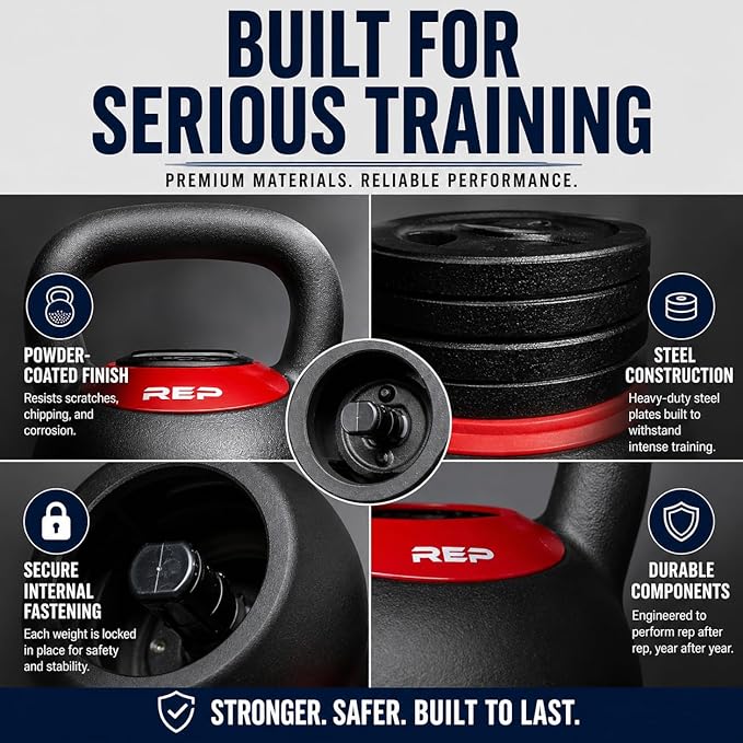 Rep Fitness Adjustable Kettlebell | Weight Set for Home Gym | Strength Training Equipment for Men & Women | Compact Steel Bell with Ergonomic Handle | 20–40 lb (9–18 kg) Variable Options